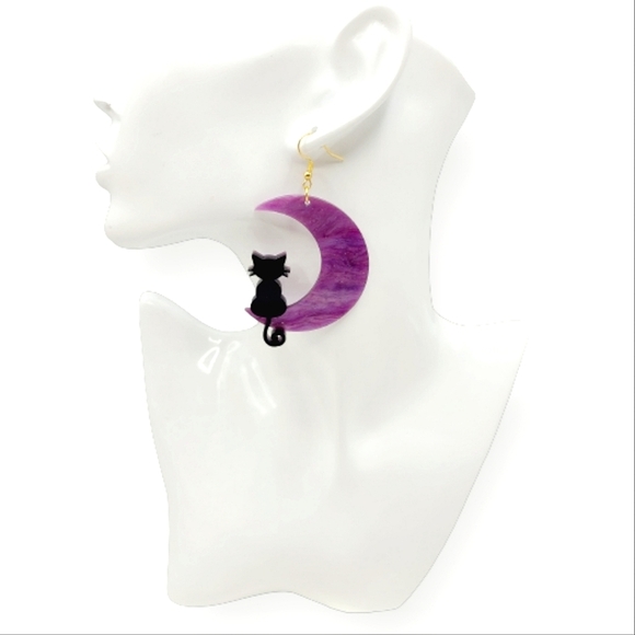 Crescent Moon & Black Cat Earrings - Picture 2 of 3